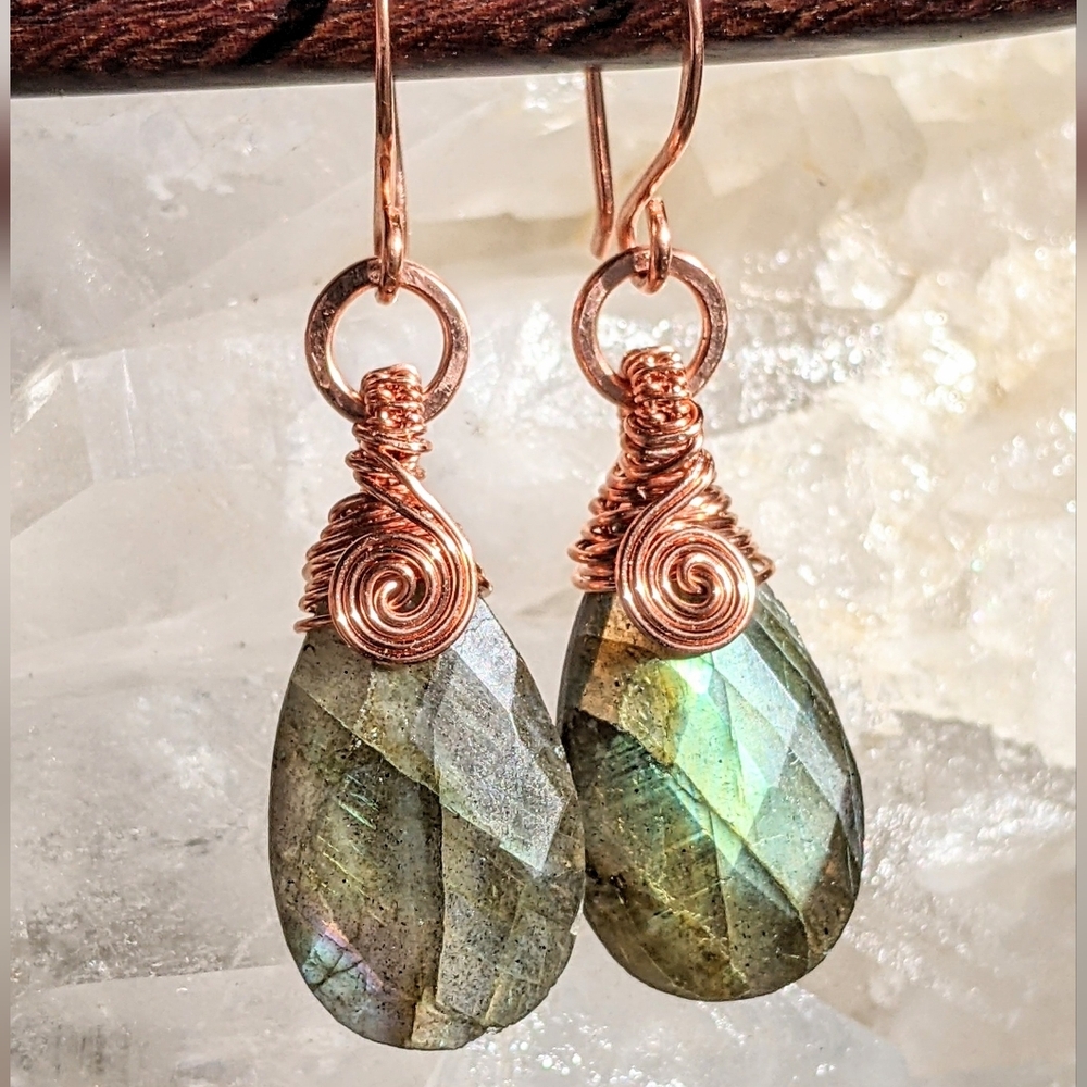 Iridescent Natural Gem Drop Earrings Labradorite Hand Wrapped In Pure Copper